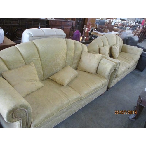 47 - 2 x Gold Colour Patterned Fabric Sofas & Cushions, * Must Go * Clearance *