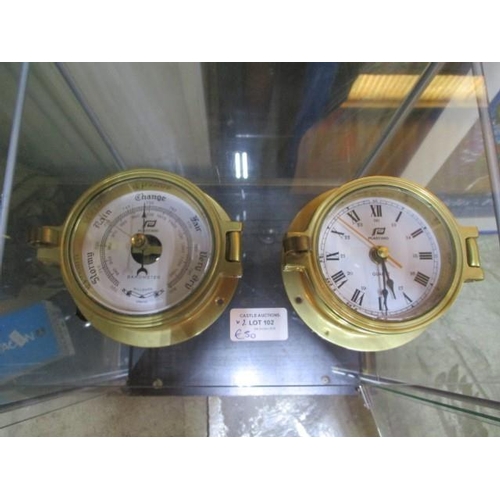 102 - Plastimo Brass 10cm Ships Clock & Barometer, Nb. Glass Lose