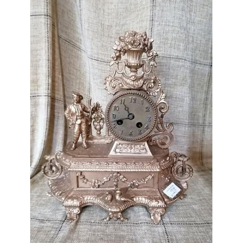 124 - Antique French Spelter Gilt Mantle Clock Working with Key, Figure of a Walking Man to Left of Mechan... 