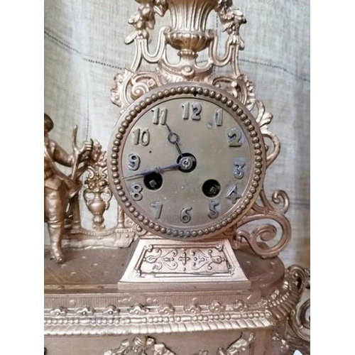 124 - Antique French Spelter Gilt Mantle Clock Working with Key, Figure of a Walking Man to Left of Mechan... 