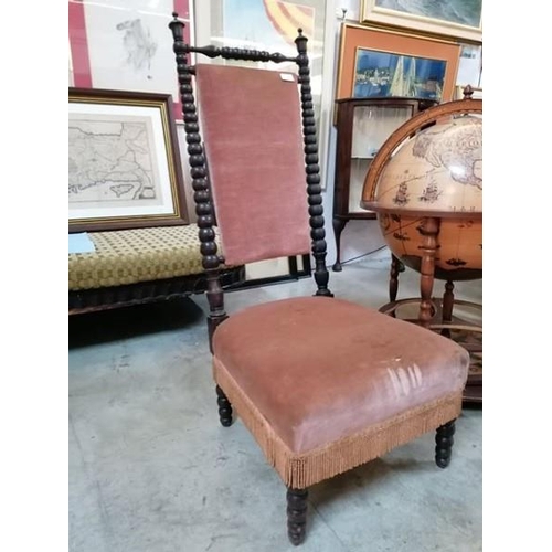 126 - Antique Turned Wooden Chair with Upholstered Seat & Back