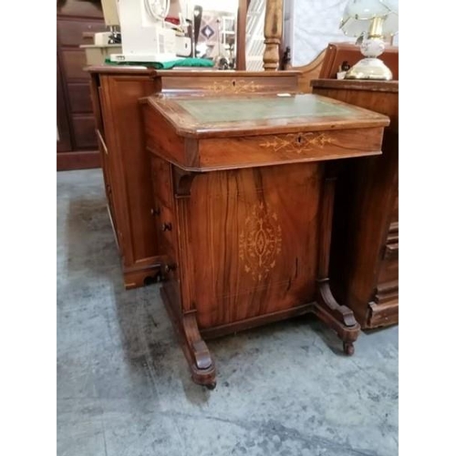 7 - Beautiful Inlaid Victorian Walnut Daven Port Circa 1860 with Green Tooled Leather Writing Insert