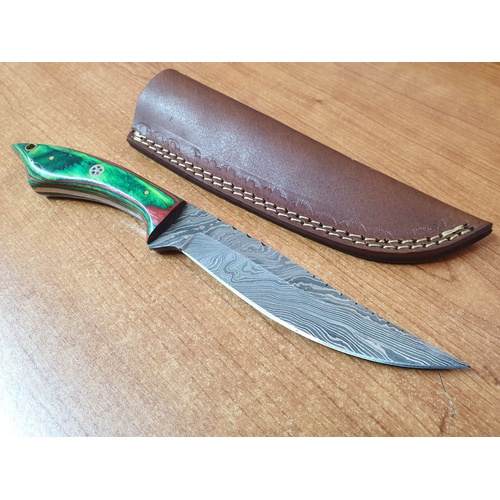 6141 - Damascus Steel Hand Made Custom Hunting Knife in Leather Sheaf