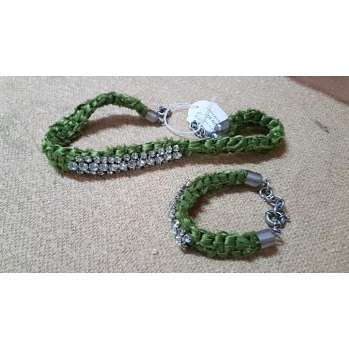 6140 - Vintage Dimitriadis Green Plaited Choker Necklace / Bracelet with Large Diamante / White Metla Fitti... 