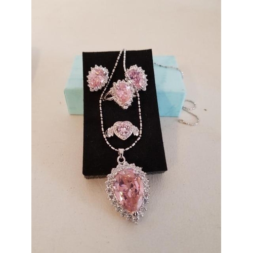 6043 - Silver Set of Jewellery with Pink Crystal Chain with Pendant with Large Crystal 2 x Matching Rings a... 