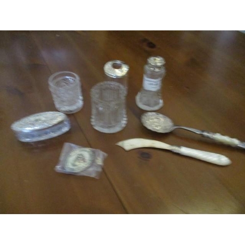 6083 - Quantity of Silver Plated and EPNS / Glass Condiment Set with Mother of Pearl Handled knife & Spoon