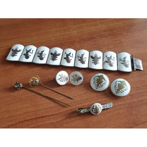 6000 - Silver Bracelet with White Enamel and Figure Decoration, Plus Earrings and 2 x Yellow Metal Pins wit... 