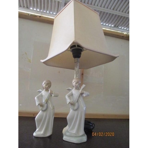 6097 - Nao, Handmade in Spain by Lladro Table Lamp with Cream Shade; Girl Playing Banjo, Together with matc... 