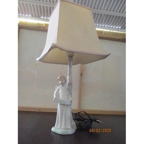 6126 - Nao, Handmade in Spain by Lladro Table Lamp with Cream Shade; Lady Playing Accordian