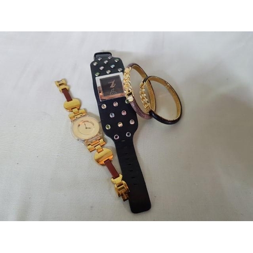 6019 - Pair of Gold Plated Bracelets and 2 x Ladies Watches (Need Battery/Storm and Swatch)