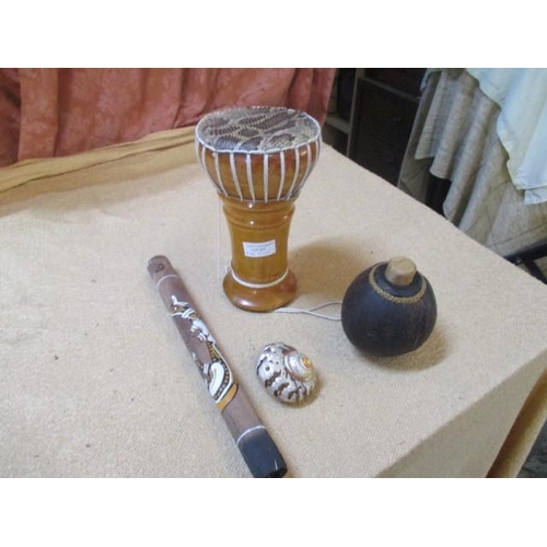 6062 - Snake Skin Top Tamperine, Blow Pipe and Coconut Bottle and Shell