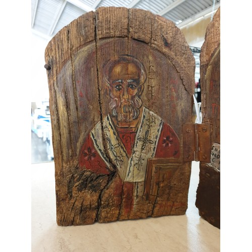 6076 - Hand Painted Two-Part Greek Icon on Old Wood by Eleni Andronikidou