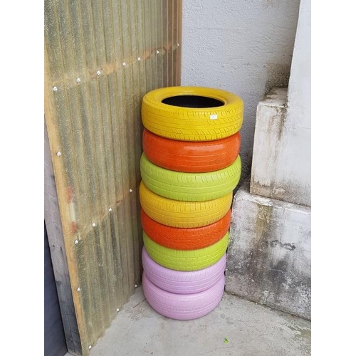 17 - Collection of Painted Car Tyres Intended for Garden Planters (x8)