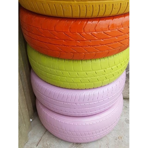 17 - Collection of Painted Car Tyres Intended for Garden Planters (x8)