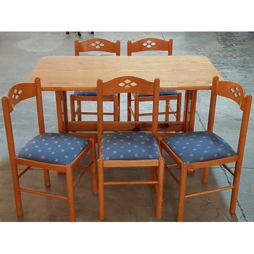 54 - Pine Wood Rectangular Kitchen / Dining Table (143cm x 83cm x 73cm) with 5 x Matching Chairs with Blu... 