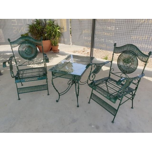 1 - Pair of Decorative Green Metal Garden Armchairs with Matching Glass Top Table (3), (Table 85 x 52 x ... 