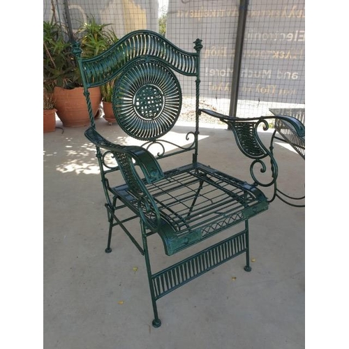 1 - Pair of Decorative Green Metal Garden Armchairs with Matching Glass Top Table (3), (Table 85 x 52 x ... 