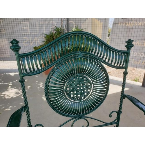 1 - Pair of Decorative Green Metal Garden Armchairs with Matching Glass Top Table (3), (Table 85 x 52 x ... 