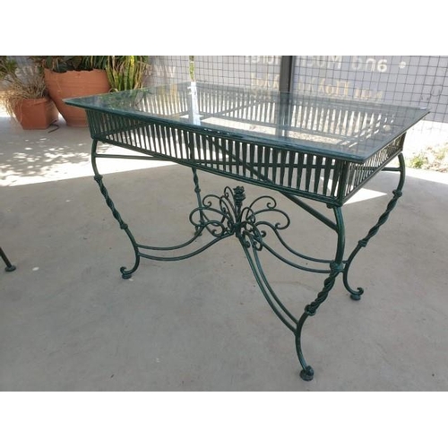 1 - Pair of Decorative Green Metal Garden Armchairs with Matching Glass Top Table (3), (Table 85 x 52 x ... 