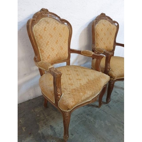 124 - Pair of Antique Style Armchairs with Carved Wood and Fabric Back and Armrest (2)