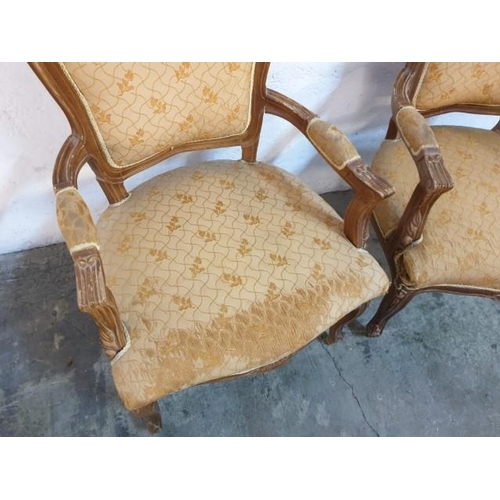 124 - Pair of Antique Style Armchairs with Carved Wood and Fabric Back and Armrest (2)