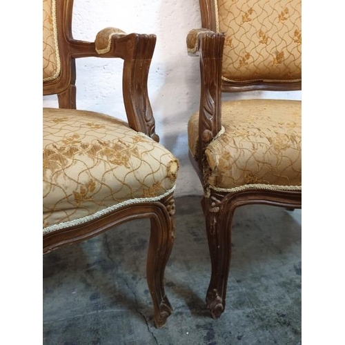 124 - Pair of Antique Style Armchairs with Carved Wood and Fabric Back and Armrest (2)