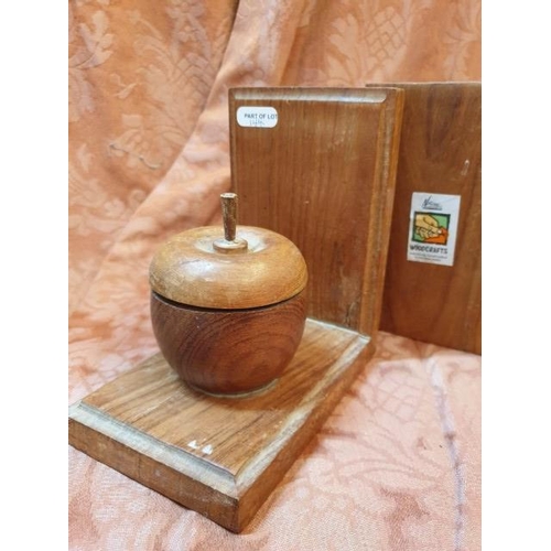 144 - Pair of Wooden Book Ends with Lidded Pots in Shape of Applies, Together with Vintage Carved Wood Box... 