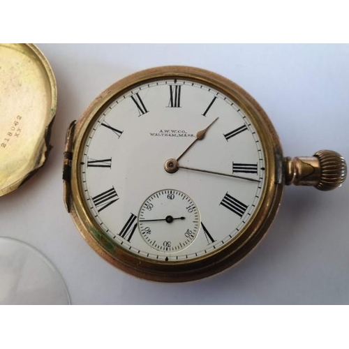 15 - 10ct Gold Plated Waltham Full Hunter Pocket Watch, Manual Wind * Tested & Running *, Nb. Crystal is ... 