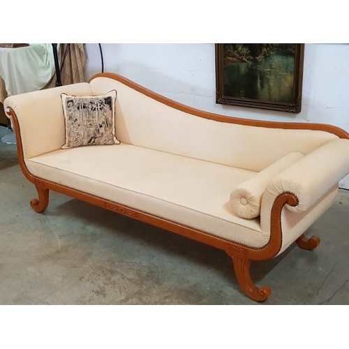 22 - Classic Chaise Lounge Light Colour Wood and Beige Fabric (Approx 210cm x 66cm x H:73cm)