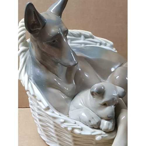 26 - Lladro German Shepherd Dog with Pup #4731 (Mum Dog with Puppy in Basket / Porcelain Figurine, Made i... 