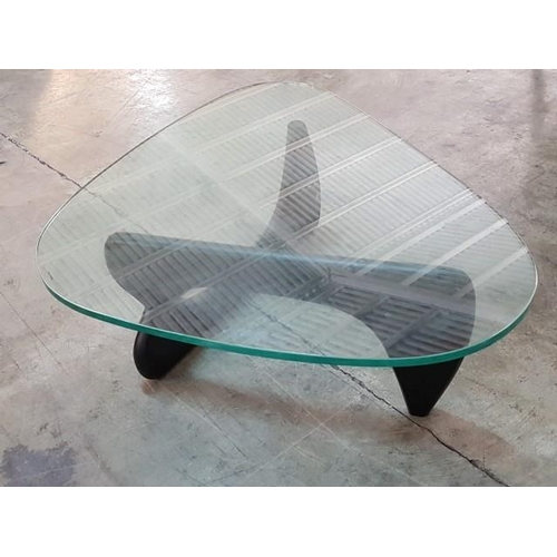 56 - Modern Glass Top Coffee Table with Irregular Shape and Wooden Base (Approx 125cm x 90cm x H:40cm)