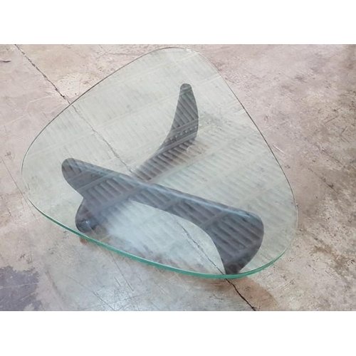 56 - Modern Glass Top Coffee Table with Irregular Shape and Wooden Base (Approx 125cm x 90cm x H:40cm)