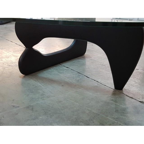 56 - Modern Glass Top Coffee Table with Irregular Shape and Wooden Base (Approx 125cm x 90cm x H:40cm)