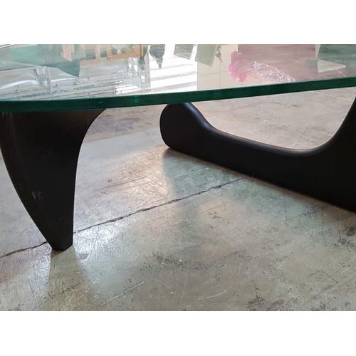 56 - Modern Glass Top Coffee Table with Irregular Shape and Wooden Base (Approx 125cm x 90cm x H:40cm)