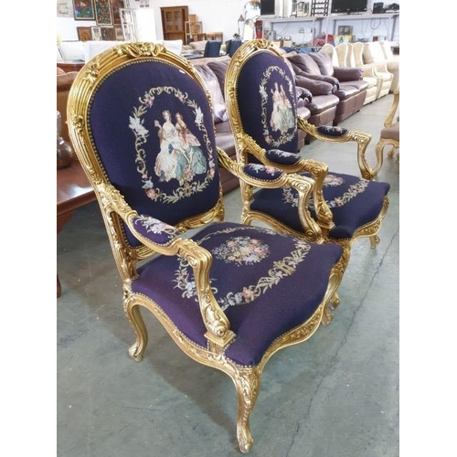 35 - Pair of Chateau / Classical Style Armchairs with Gold Colour Decorative Carved Wood Surround and Stu... 