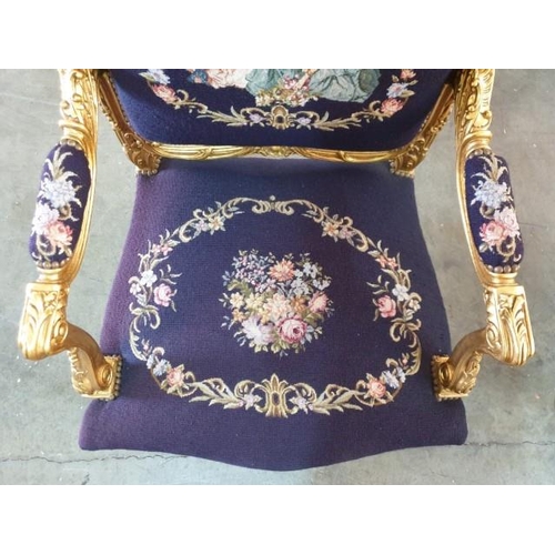 35 - Pair of Chateau / Classical Style Armchairs with Gold Colour Decorative Carved Wood Surround and Stu... 