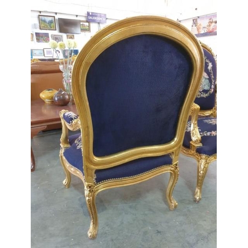 35 - Pair of Chateau / Classical Style Armchairs with Gold Colour Decorative Carved Wood Surround and Stu... 