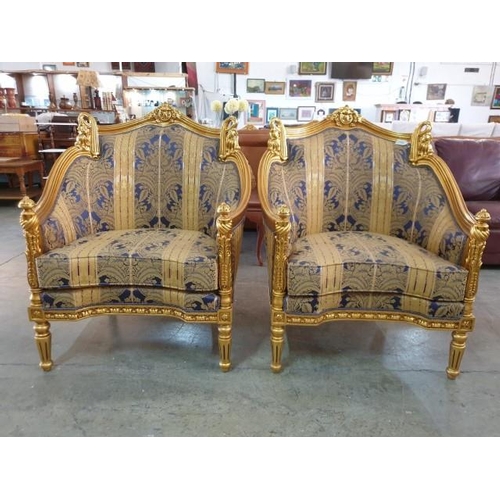 8 - Pair of Antique Style / Classical Style Elegant Armchairs with Gold Colour Elaborate Carved Surround... 