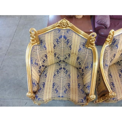 8 - Pair of Antique Style / Classical Style Elegant Armchairs with Gold Colour Elaborate Carved Surround... 