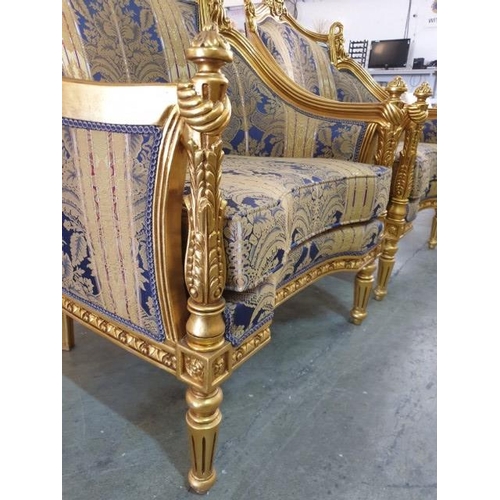 8 - Pair of Antique Style / Classical Style Elegant Armchairs with Gold Colour Elaborate Carved Surround... 