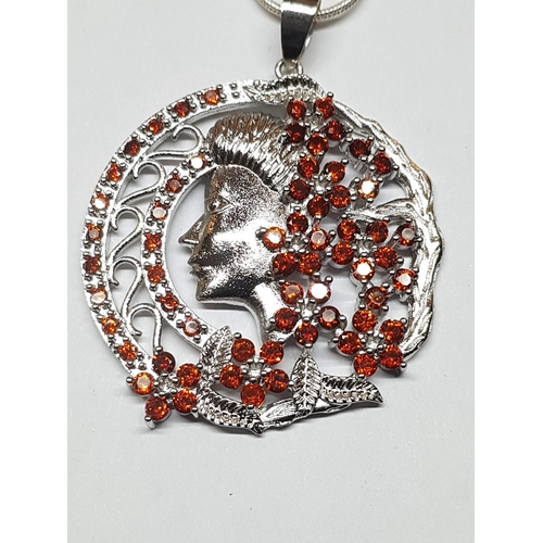 43A - Silver Chain with Large Silver Pendant with Garnet Stone