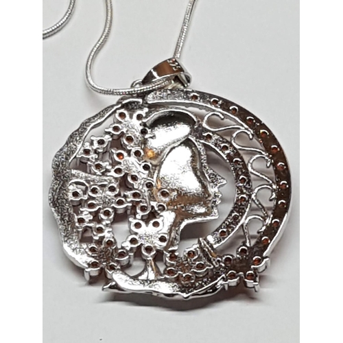 43A - Silver Chain with Large Silver Pendant with Garnet Stone