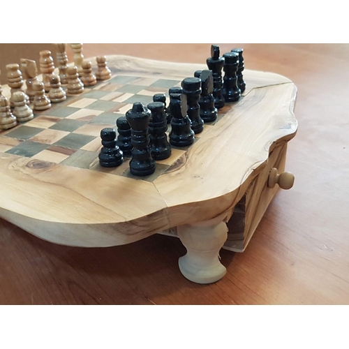 1 - Olive Wood Chess Set; Board with Drawers and Chess Pieces, Hand Made in Greece *NO RESERVE*