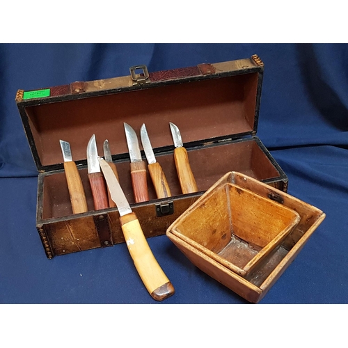 277 - Collection of Hand Made Carving Knives and Pair of Old Wooden Plant Boxes