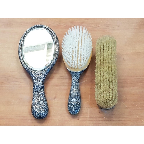 66 - Vintage Style White Metal Dresser Set; Mirror Clothes Brush and Hair Brush