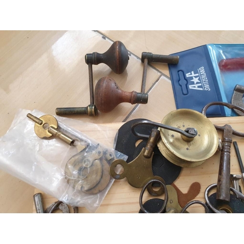 84 - Collection of Clock Parts and Horologist / Clock Maker or Repair Tools Incl. Pendulum, Clock Keys, H... 