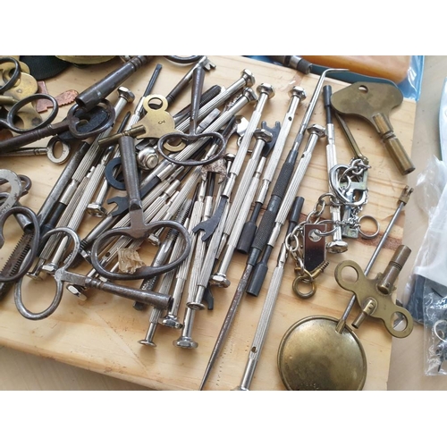 84 - Collection of Clock Parts and Horologist / Clock Maker or Repair Tools Incl. Pendulum, Clock Keys, H... 