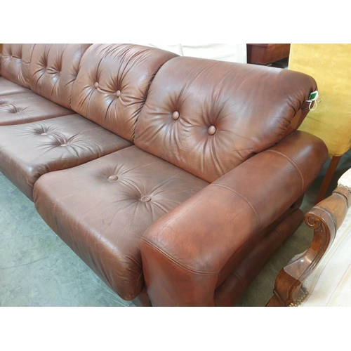 118 - Large 4 - Seat Brown Leather Sofa with Button Back on Casters (Apporx 300cm x 100cm)