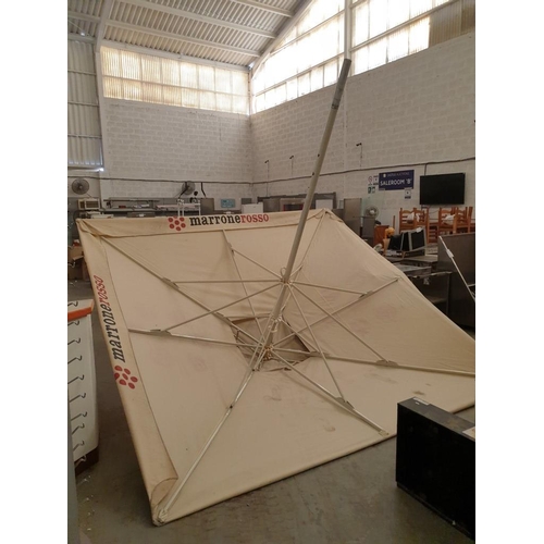 172 - 3.5m x 3.5m Square Parasol / Umbrella, Gream Fabric with Red Dots and Branding on Edges / Side Flaps... 