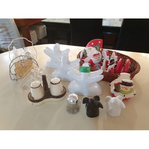 327 - Assorted Tableware with Napkin Holders, Festive Serviette Holders, Salt & Pepper etc